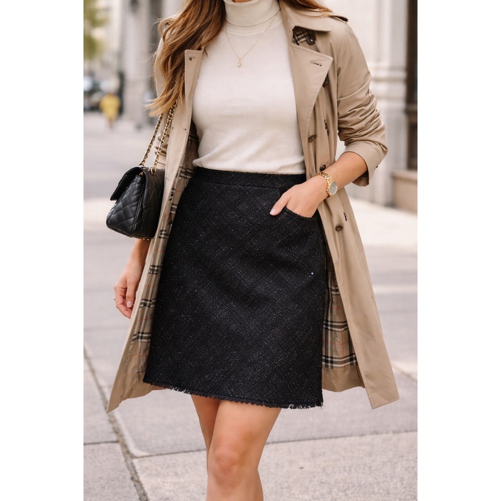 Burberry Wool Blend Patterned Skirt Sz 14 Black Sequin Lined Career Classic Wear
